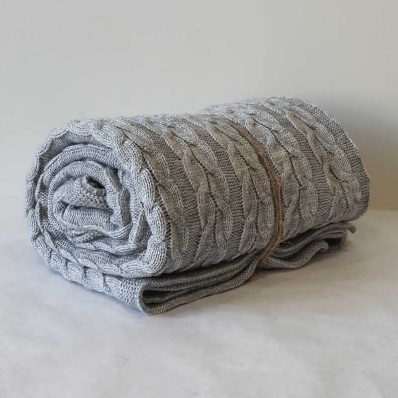 Плед в'язаний 160х190, світло-сірий-коси